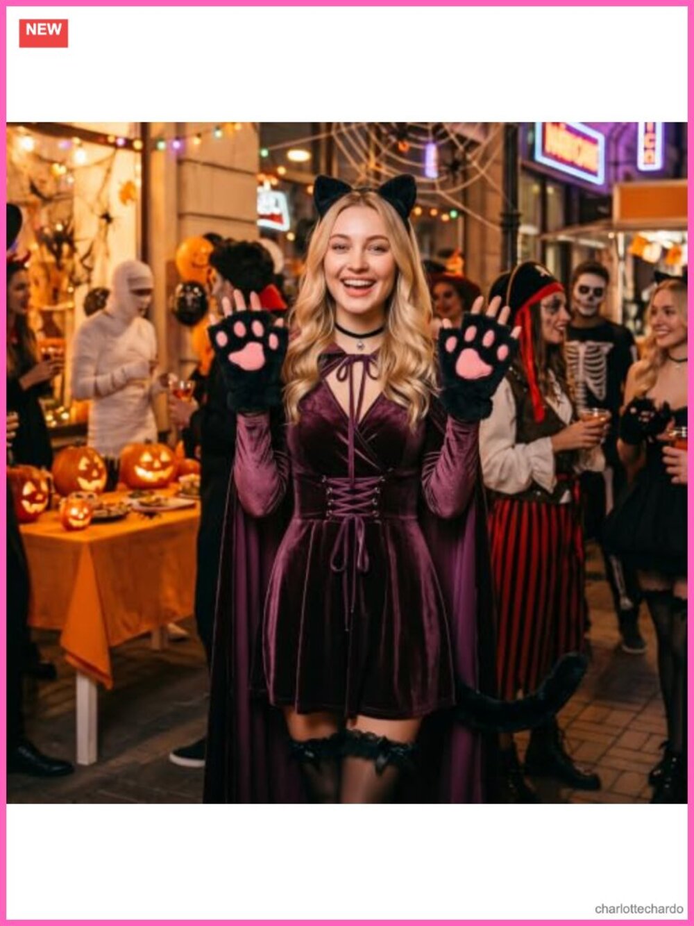 5 Pc Cat Costume Set Plush Ears Bell Choker Furry Gloves Tail Face Stickers - Picture 3 of 6